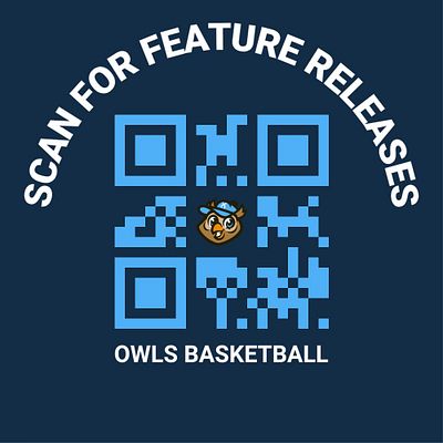 QR code template with bright blue pixelated design on dark navy background, featuring branded owl mascot in center, curved text banner at top, and team name below for directing fans to websites, WiFi, or digital content