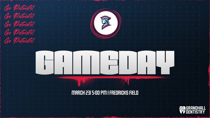 Gameday template with dark navy background, bold 'GAMEDAY' text in the center, team mascot logo above, repeated slogan on the left, and sponsor logo in the bottom right.