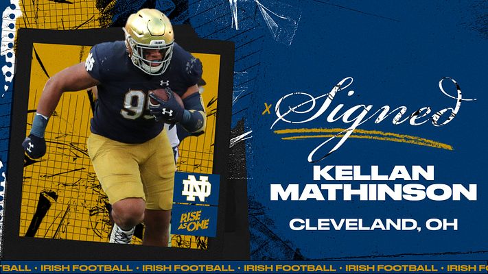 Signing day template with navy and gold color scheme featuring player photo on left with yellow frame, scripted text reading 'Signed' on right, recruit name and location below, and repeating footer text. Available in landscape and portrait formats for social media sharing.