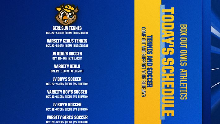 Event schedule template with deep blue background, team logo at top, left side listing multiple sports events with dates and times, right side featuring bold yellow vertical banners with text, designed for social media sharing across multiple platforms