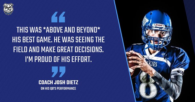 Quote graphic template with a landscape layout, featuring a dark blue background, large text area for quotes, player photo on the right, and coach's name below the quote.