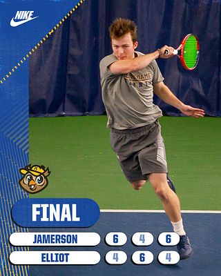 Tennis score template with player action photo on blue and green background, 'FINAL' banner at bottom, and scorecard showing two players' names with set scores in portrait format for Instagram