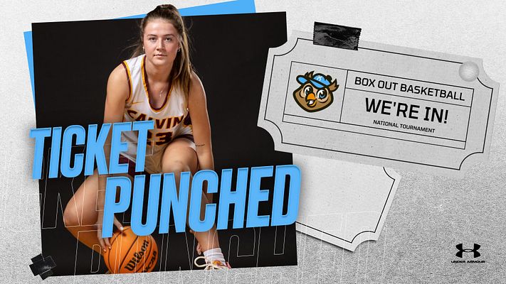 Player spotlight template featuring a large cutout photo of an athlete on the left, bold 'TICKET PUNCHED' text, and a ticket design for tournament details on the right.