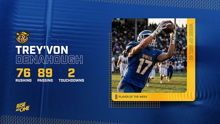 Player stats template with deep blue background featuring player name and key statistics on left, large player photo in action on right with yellow accent border, and Player of the Week badge. Includes team logo placement.