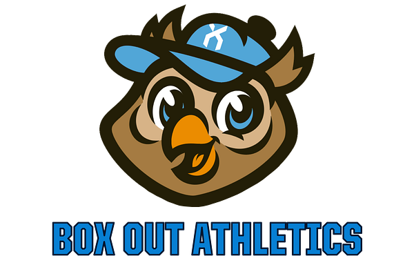 Vertical wordmark logo template featuring cartoon owl mascot head with blue cap above bold blue text, designed for sports branding with transparent background
