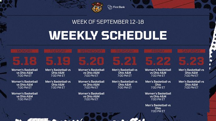Weekly schedule template featuring a blue header with bold text, grid layout for each day of the week, and spaces for game details like teams and times in yellow boxes.
