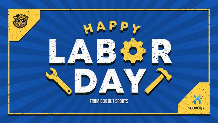 Labor Day template with a blue radial background, bold yellow text for 'HAPPY LABOR DAY', featuring gear, wrench, and hammer graphics, and a logo in the corner.