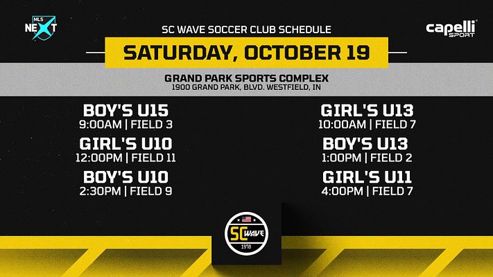 Club schedule template with dark background, yellow accent bands, featuring team logo on left, sponsor logo on right, date banner, venue information, and organized columns of age-group games with times and field numbers