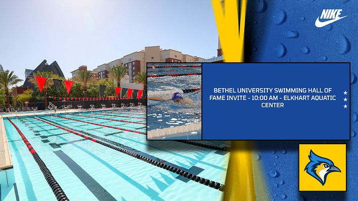Swimming and diving template featuring a large photo area of a pool, event details on the right with a blue background, showcasing a vibrant and dynamic aquatic theme.