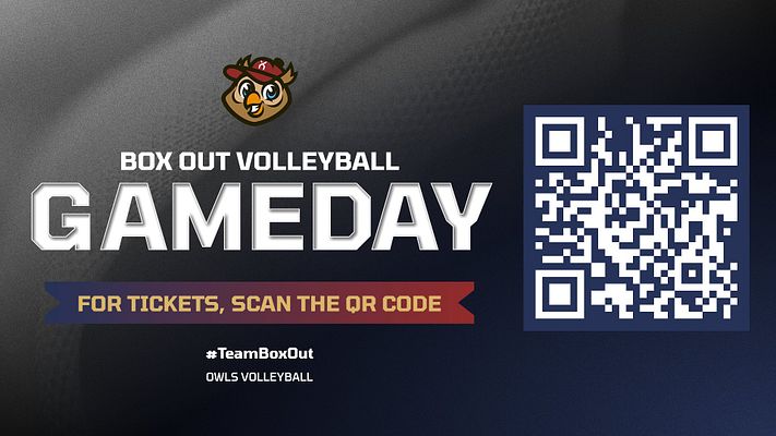 Announcement template featuring a dark purple background with textured fabric patterns, large text for event details, QR code on the right, and hashtags at the bottom.