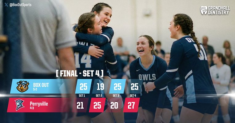 Landscape score update template featuring team logos, final scores, and set breakdown for volleyball. The background shows players celebrating with a vibrant layout.