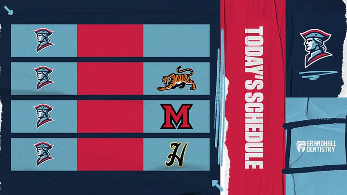 Modular matchups template with grid layout showing four game pairings. Each row features team logos on left, matchup details in red center section, and opponent logos on right. Includes vertical "HOME SCHEDULE" banner and supports landscape and portrait formats for social media.