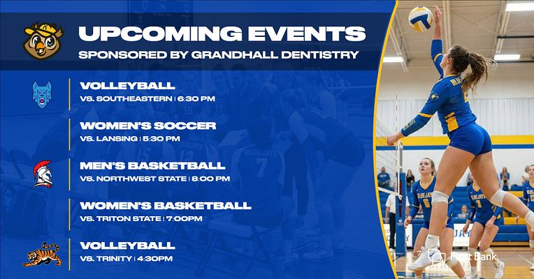 Upcoming events template with blue background featuring team logo, sponsor text at top, vertical list of five sports events with team logos and opponent matchups on left, and large action photo placeholder on right showing athlete in blue uniform