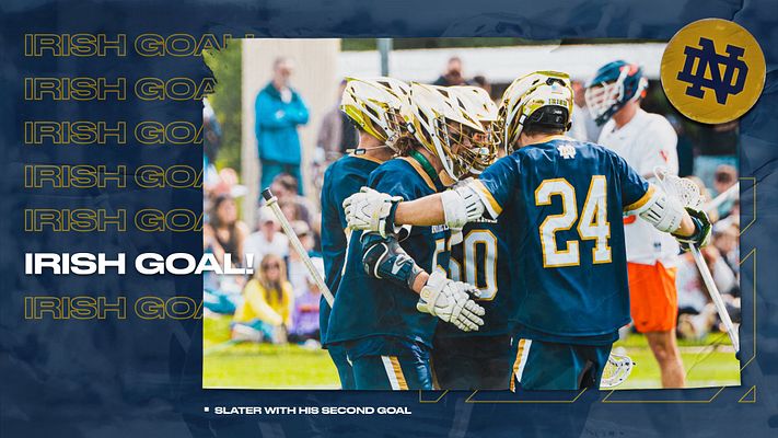 Lacrosse feature template with a dark blue background, large player action photo on the left, title and highlight text on the right, and decorative logo in the corner.