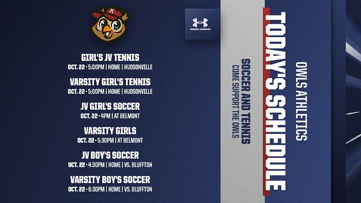 Event schedule template with dark blue background, team logo in upper left, event listings on left side showing dates and times, and vertical gold text on right side reading 'The Necchs Save' with 'Supporter' text below. Multi-format design for social media sharing.