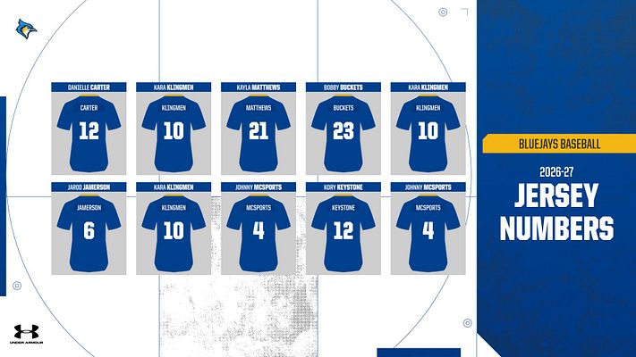 Player spotlight template with a grid layout displaying jersey numbers and player names, featuring a blue and white color scheme, ideal for revealing team rosters.