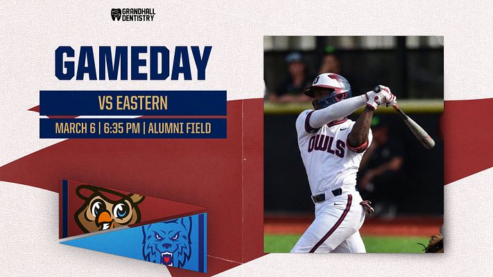 Gameday template with textured beige background, bold blue 'GAMEDAY' title, player photo on right, team logos on left, and game details below in red banner.