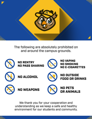 Campus rules template with purple and teal geometric design, mascot logo at top, and six prohibition icons arranged in grid showing no reentry, vaping, alcohol, outside food/drinks, weapons, and pets with explanatory text below