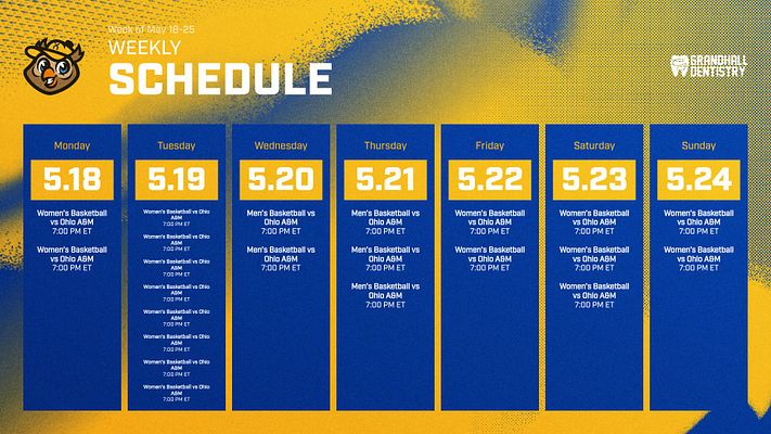 Weekly schedule template with seven yellow day columns on blue background. Each column displays day name, date, and multiple event listings. Club logo on left, organizational logo on right, textured blue-to-yellow gradient backdrop.