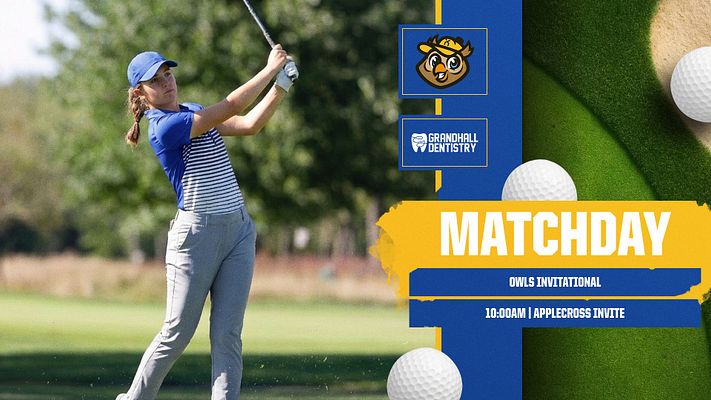 Golf matchday template featuring a golfer in action, bold yellow 'MATCHDAY' text, and sections for event details and sponsor logos, with a green grass backdrop.