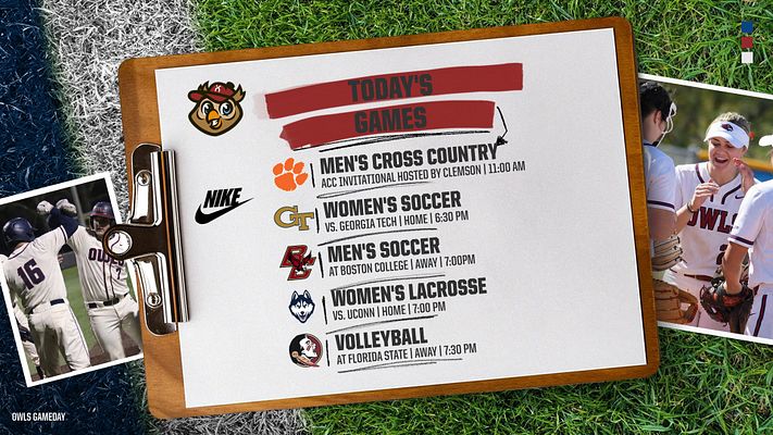 Multi-format gameday schedule template featuring clipboard design with wood frame on grass background. Includes team logos, red banner header, multiple sport event listings with opponent details and times, flanked by player photos. Available in landscape and portrait formats for social media.