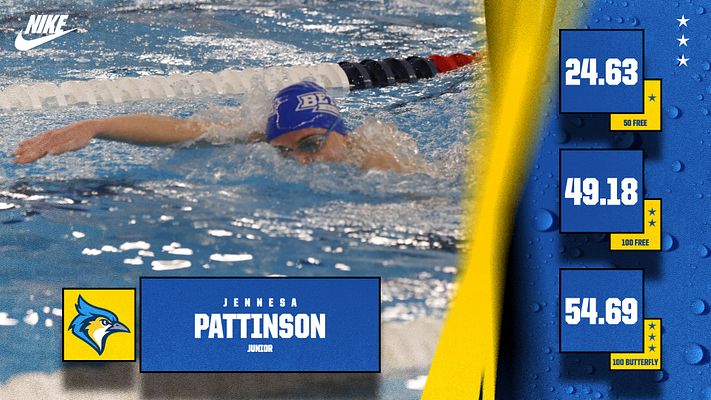 Player stats template with a swimmer photo on the left, athlete name and title in blue box, performance stats listed on the right in individual boxes, featuring a blue color scheme.