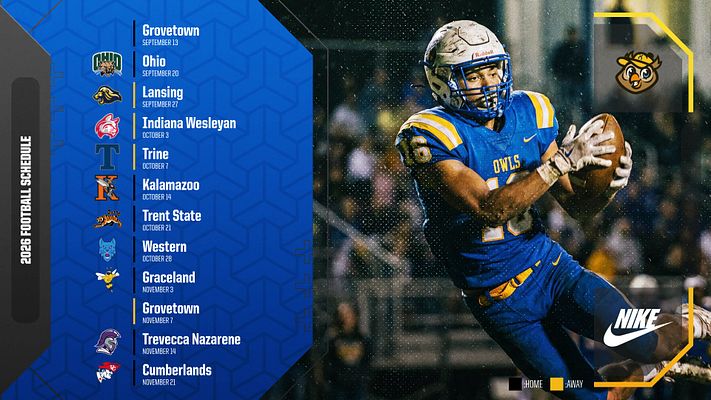 Vertical trading card schedule template with blue background, left sidebar listing upcoming games with team logos and dates, and right side featuring a player action photo in blue and gold uniform
