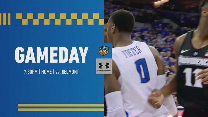 Landscape template with blue background, gameday text on left, photo of players on right, space for time, date, location, and logo at center.