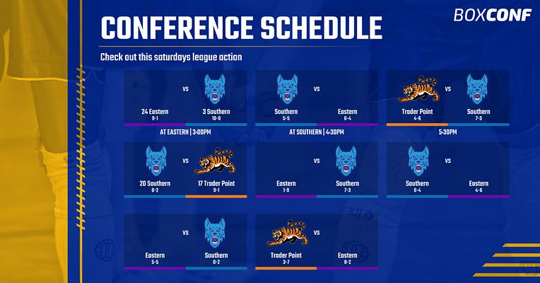 Conference schedule template with deep blue background, gold left sidebar with team logo, and grid layout showing multiple matchups with team logos, opponent names, and game times for Saturday league action