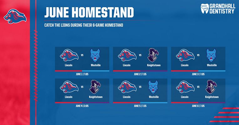 Homestand schedule template with blue and red color scheme featuring six upcoming games in grid layout. Each game box displays team logos, opponent names, and dates. Includes team branding area in top right and decorative red stripe on left side.