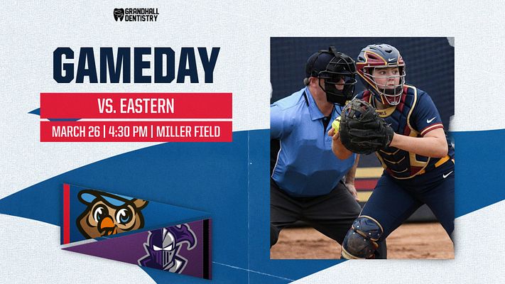 Gameday template with textured beige background, bold blue 'GAMEDAY' title, player photo on right, team logos on left, and game details below in red banner.