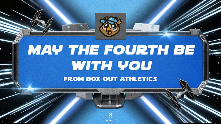 Futuristic May the Fourth template with a dark cosmic background, large blue text area for the message, logo placeholder at the top, and starship graphics for a festive feel.