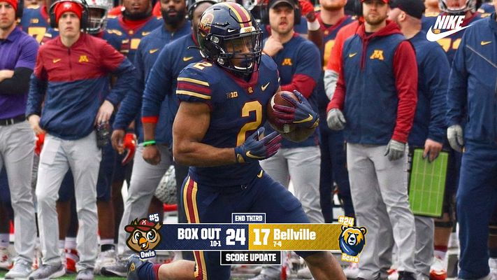 Multi-format score ticker template with full-width sports photo background, team logos on sides, and centered scoreboard banner displaying final score with team names and quarter/time information