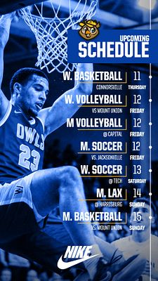Vertical schedule template for Instagram stories, featuring player photo on the left, event titles and dates in bold text on a blue background, with team logo and sponsor branding.