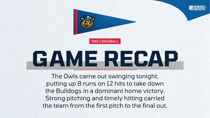 Game recap template with cream background, team logo at top, bold gold and navy text reading 'GAME RECAP', and descriptive text area below. Designed for quick athletic summaries across landscape, Instagram, and story formats.