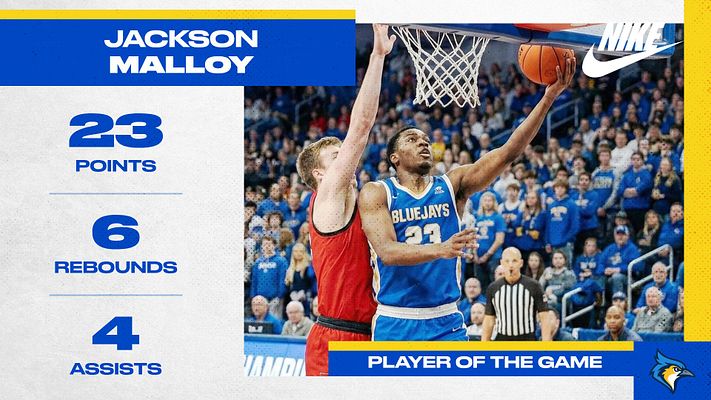 Player stats template featuring a large player photo on the right, with name and game stats on the left in bold font, using a blue and white color scheme.