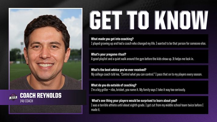 Jersey mesh template with a large photo area on the left for player or coach, bold 'GET TO KNOW' header, and text boxes for background questions on the right, purple and black color scheme.