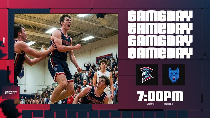 Gameday template with landscape layout featuring large action photo on left, bold white 'GAMEDAY' text repeated on right, team logo placeholders, and game time display in white. Dark blue and red color scheme with grid-style design elements for multi-format social media use.
