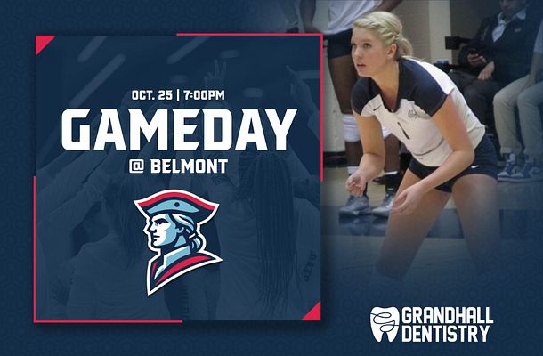 Gameday template with dark blue background, left side featuring white 'GAMEDAY' text, date/time info, team logo, and pink accent borders; right side showing full-width player photo; sponsor logo placement at bottom right