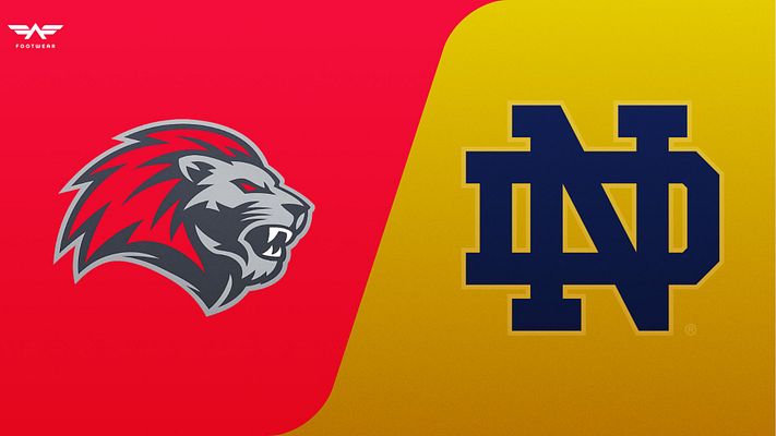 Game day matchup template with bold split design: red background on left with team logo, gold background on right with opposing team logo, curved divider in center, clean minimalist style suitable for landscape, Instagram, and story formats