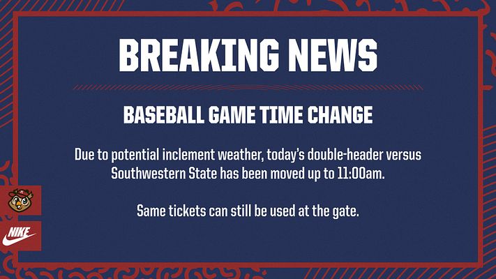 Template featuring bold 'Breaking News' text at the top, with a navy background and white text. Includes news details about a baseball game time change, with team logos at the corners.