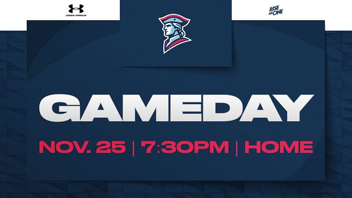 Gameday announcement template featuring a large 'GAMEDAY' headline in bold white, event details in red below, and a logo at the top with a dark background.
