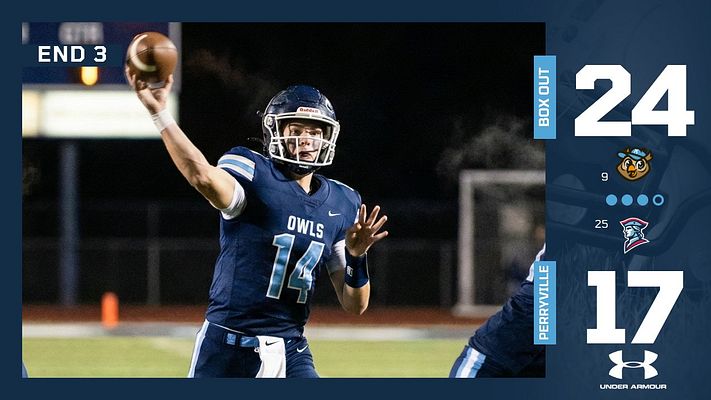 Football score update template with dark blue background, large action photo of quarterback on left, and right side displaying final score with team logos and branding elements