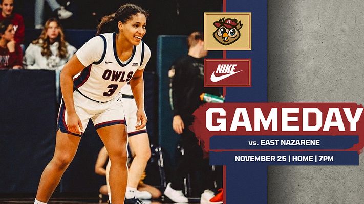 Gameday template featuring full-court basketball background with player action photo on left, team logo and sponsor badges at top right, bold "GAMEDAY" title, opponent name, date, time and location details on red and navy banner design