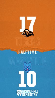 Vertical story template with torn paper design dividing orange and blue sections, showing team scores and logos, halftime matchup format for Instagram stories