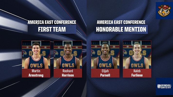 Team highlight template in a purple color scheme featuring four player headshots arranged in two columns, with sections for 'All-Conference' and 'Honorable Mention' labels.