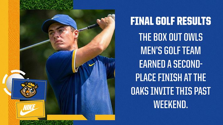 Golf headline template featuring a large player photo on the left, bold text for results on the right, team logo and sponsor at the bottom, vibrant colors.