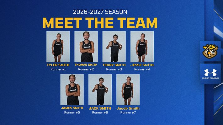 Photo roster template featuring eight runner headshots arranged in a grid, bold yellow 'MEET THE TEAM' title at the top, and logos in the bottom corner. Designed for player spotlight.