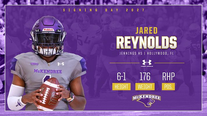 Player spotlight template for Signing Day featuring a large athlete photo, name highlighted, and sections for height, weight, and position on a purple and gold background.
