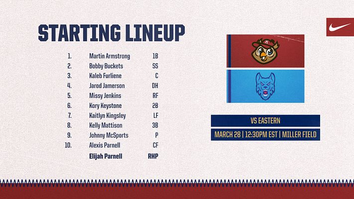 Lineup template with cream textured background, numbered player roster with names and positions on left, team mascot pennant graphic on right, and game details banner showing date, time, and location at bottom